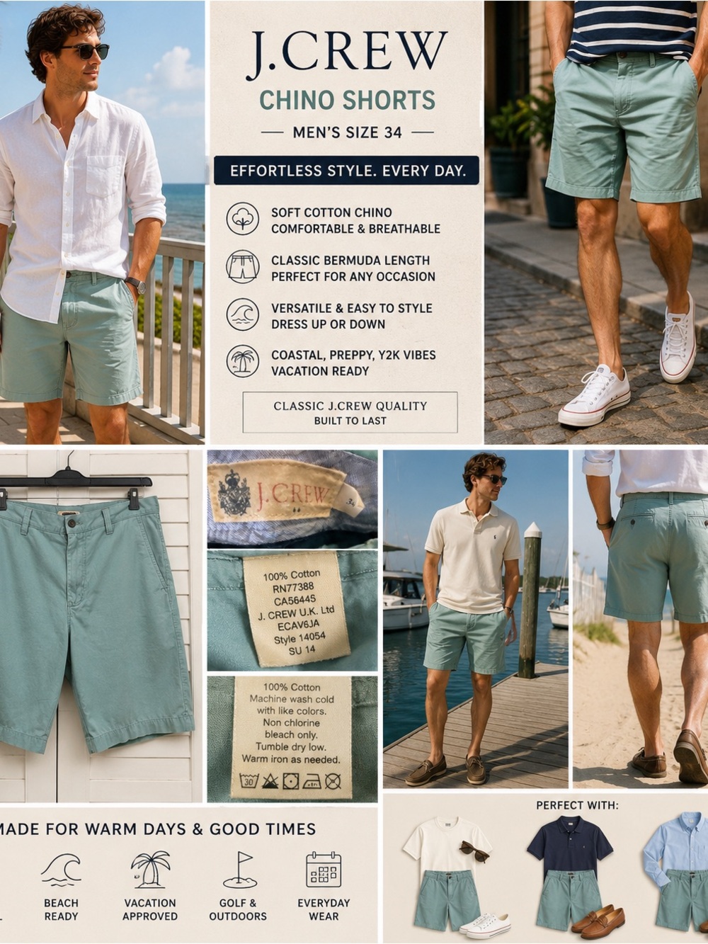 J Crew Shorts Men’s 34 Mint Blue Chino Bermuda Preppy Casual Summer Y2K